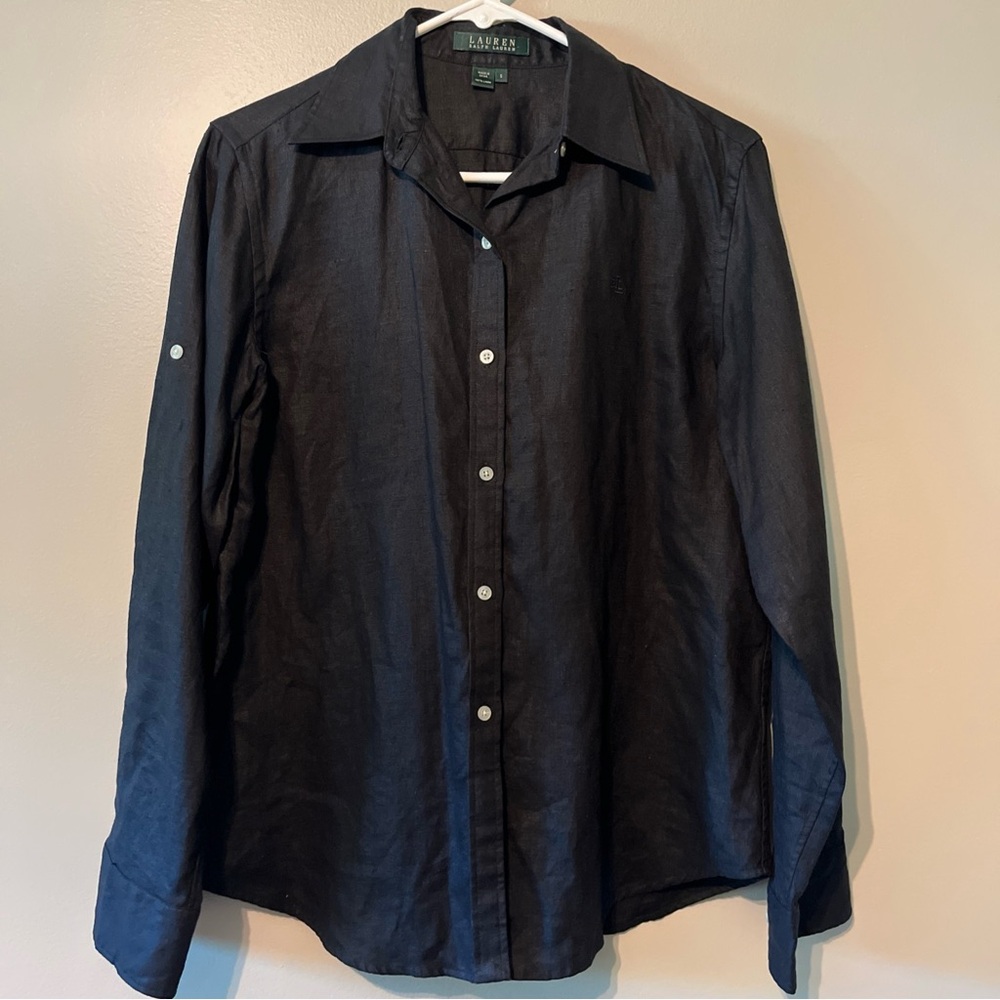 Women’s Lauren Ralph Lauren 100% Linen Black Long sleeve Button Up Shirt Small